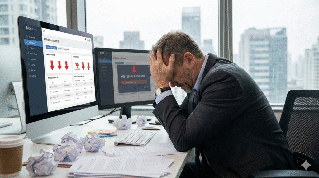 "Ejecutivo de empresa industrial con las manos en la cabeza mirando gráficos de ventas en descenso y oportunidades perdidas en su CRM por falta de automatización."