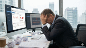 "Ejecutivo de empresa industrial con las manos en la cabeza mirando gráficos de ventas en descenso y oportunidades perdidas en su CRM por falta de automatización."